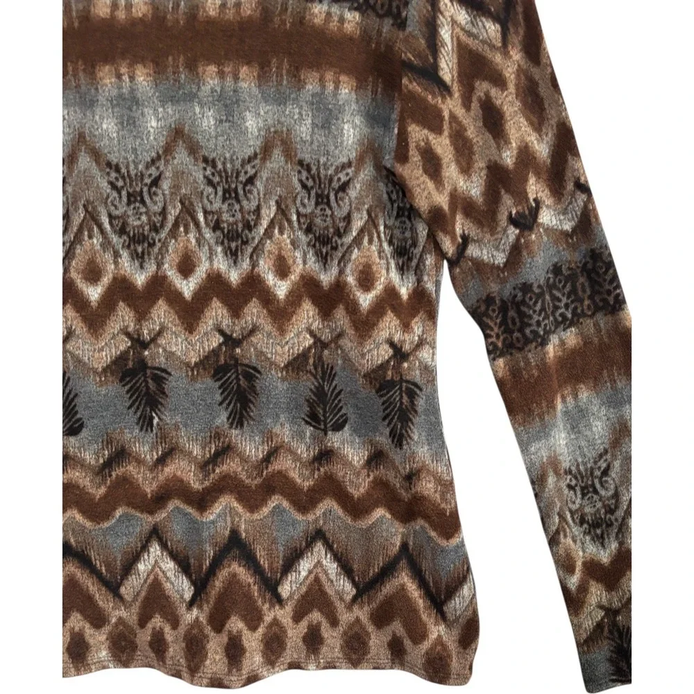 Daytrip Brown Boho Aztec Print Cowl Neck Long Sleeve Top Womens Sz L USA Stretch - Picture 5 of 6